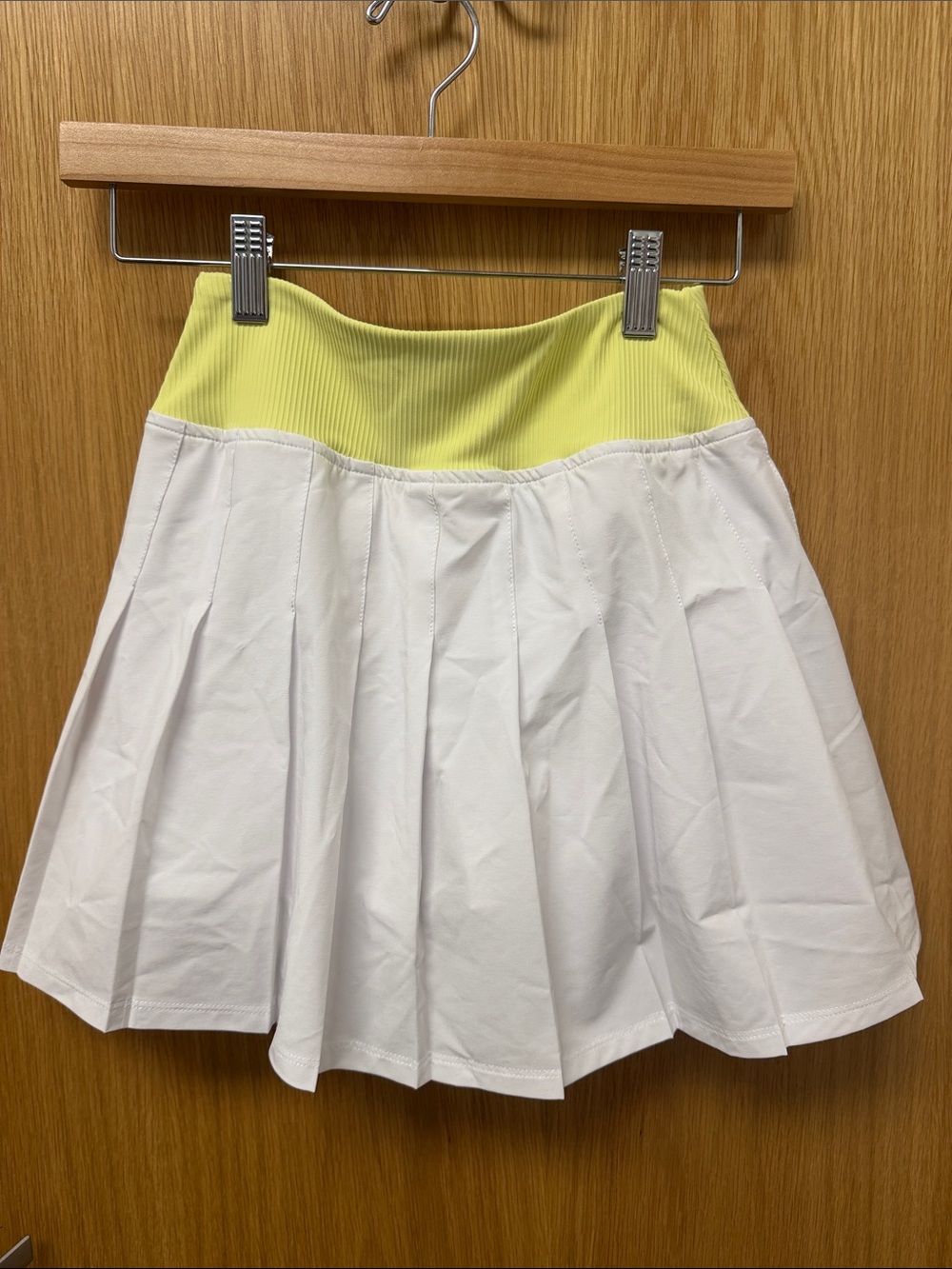 Beach Riot White Pleated Tennis Skirt with Neon Yellow Ribbed Waistband Shorts